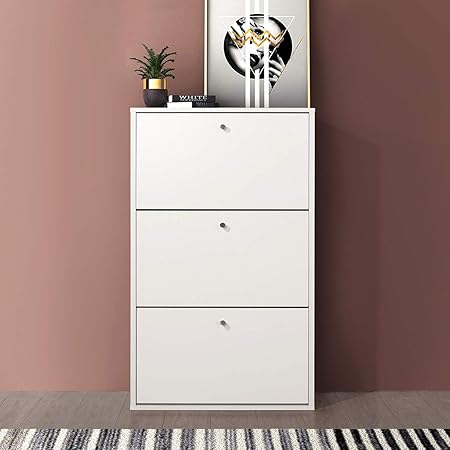 Shoe Cabinet White 3 Drawer Shoe Rack Pull Down Storage Cabinet 59 22 169cm Wooden Furniture Unit Amazon Co Uk Kitchen Home