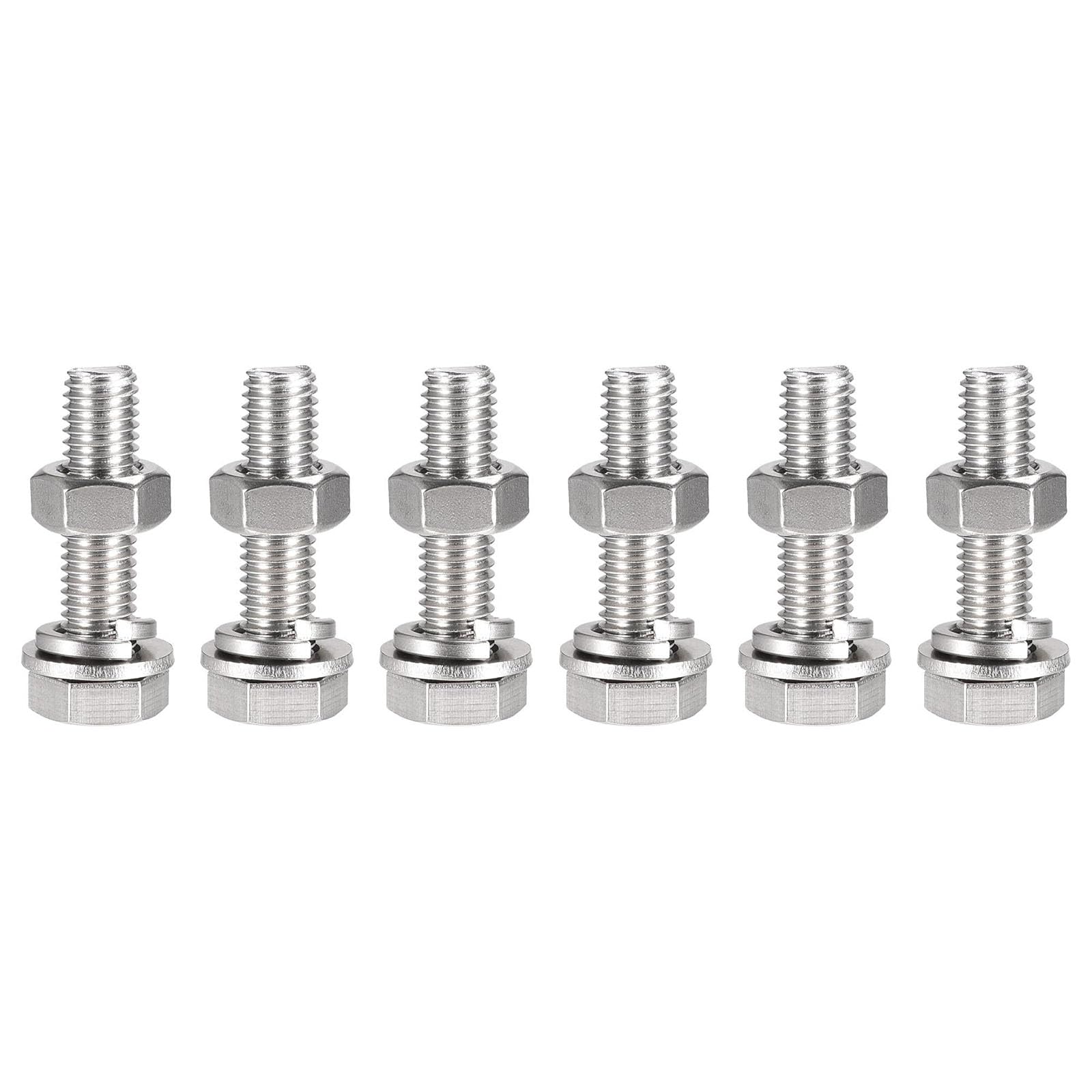 TOP-VIGOR 6Pcs M10 x 45mm Hex Head Screws Bolts, Nuts, Flat & Lock Washers Kits, 304 Stainless Steel Fully Thread Hexagon Bolts for DIY Bike Motorcycles Repair