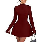 YMDUCH Women's Elegant Long Sleeve Mock Neck Backless A-line Party Mini Dress