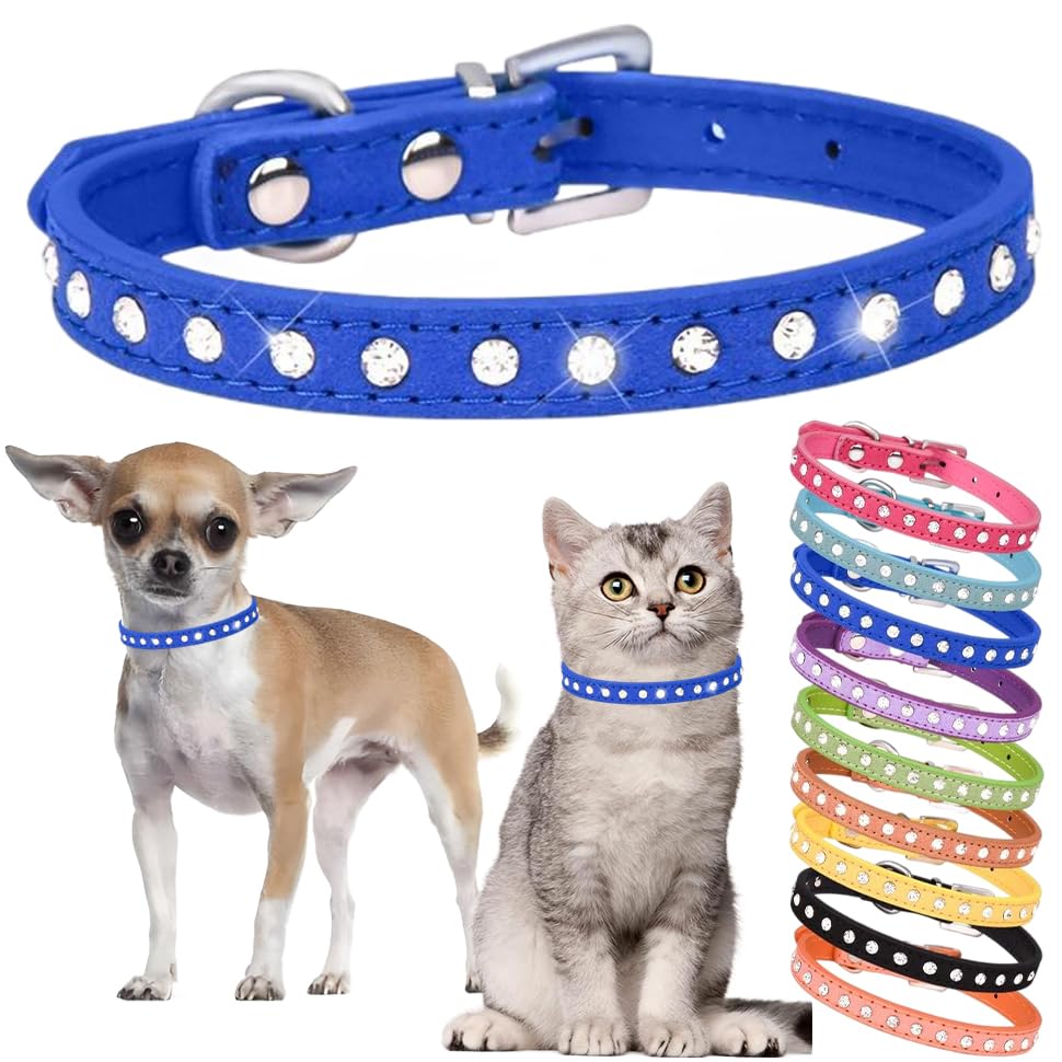 Rhinestone Dog Collar Cute Crystal Diamond Cat Collar Soft Leather Kitten Puppy Collars Adjustable for Small Medium Dogs Dark Blue XS
