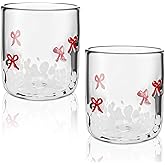 Skylety 2 Pack Red Bow Icon Glass Cups 14 oz Bow Icon Juice Glasses Coquette Aesthetic Cup Drinking Cocktail Wine Water Coffee for Valentines Anniversary Engagement Wedding Gifts Party Supplies