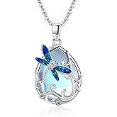 Twoowl Dragonfly/Butterfly Filigree Necklace 925 Sterling Silver Teardrop Moonstone Pendant Necklace Heart Celtic Moon Jewelry Irish Gifts for Women Mother's Day