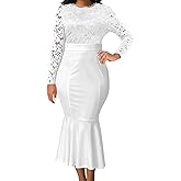 Elegant Dress for Women Sexy Crewneck 3/4 Sleeves Knee Length Business Pencil Lace Dresses