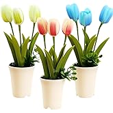 Aisamco 3 Pack Artificial Potted Flowers Small Faux Plants in White Pot Mini Artificial Tulips Potted Flower for Bathroom Home Office Desk Table Shelf Decoration Indoor