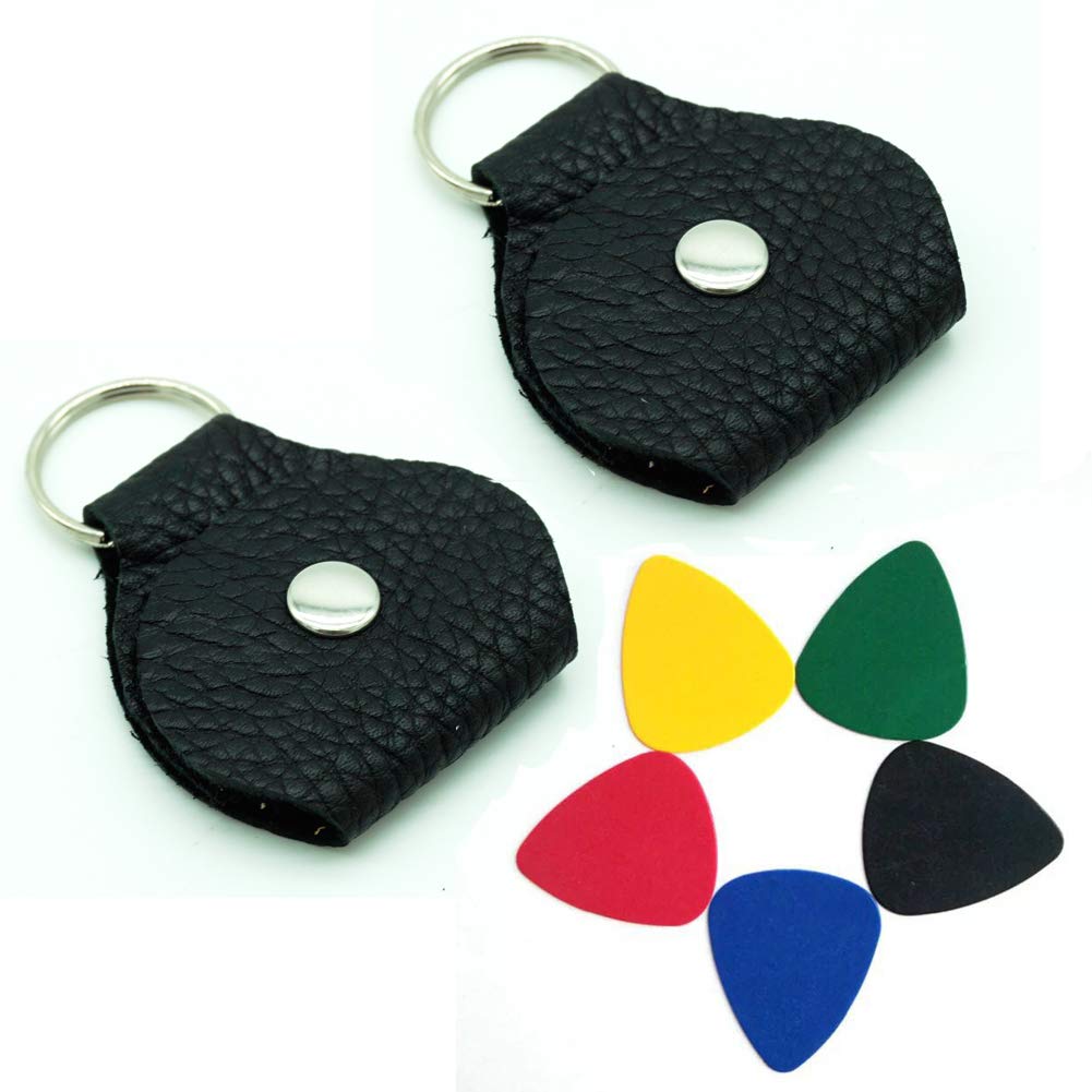 2pcs Leather plectrum holder keyring with 5 Pieces 0.46 mm Colorful picks (Black)