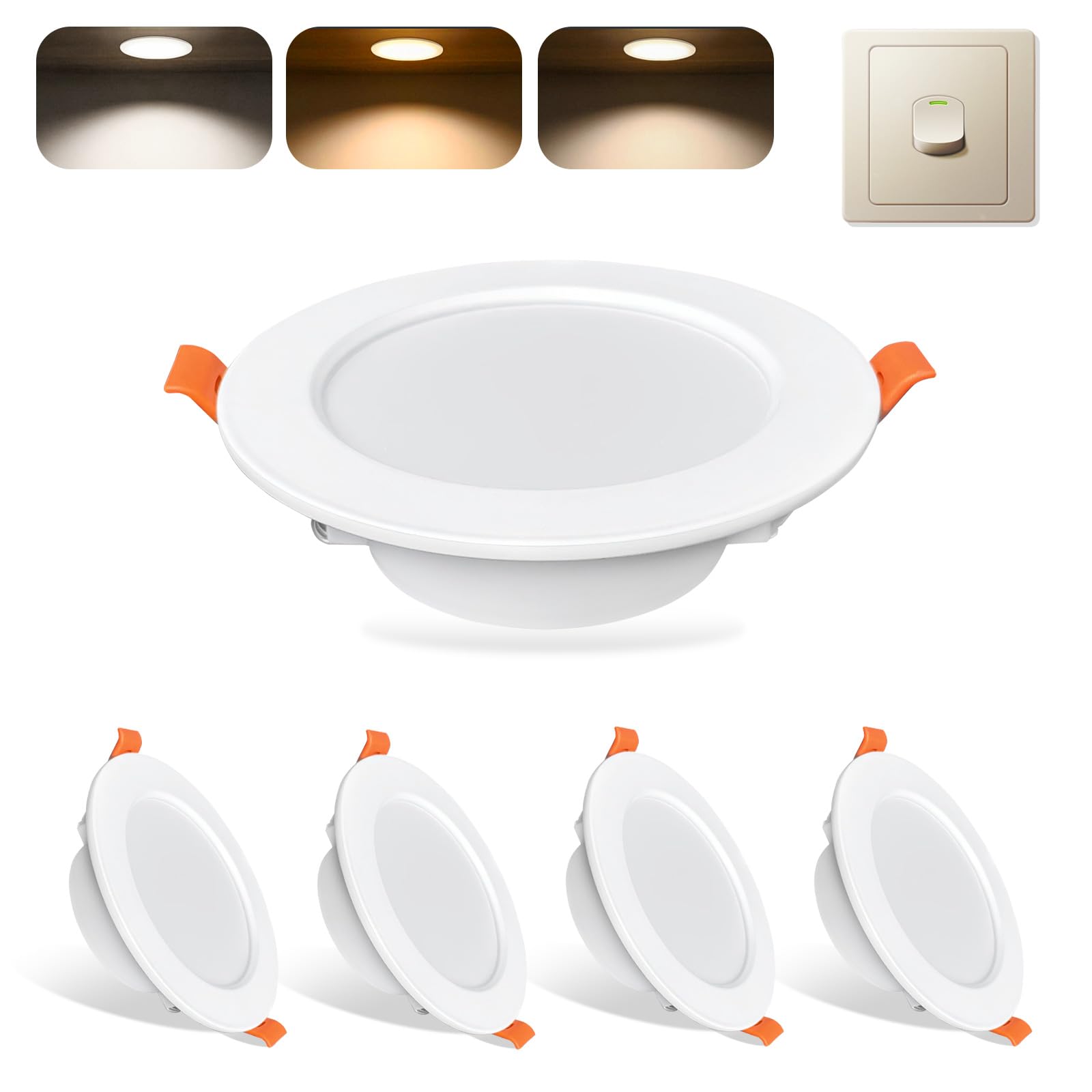 Sweier 5W Ultra-Slim LED Recessed Ceiling Lights - Wall Switch Controlled 3 Color Temperatures (6000K/3000K/4000K) IP44 Bathroom Downlights - 480LM Ceiling Spotlights - Easy Install 70-85mm Cutout — image 1