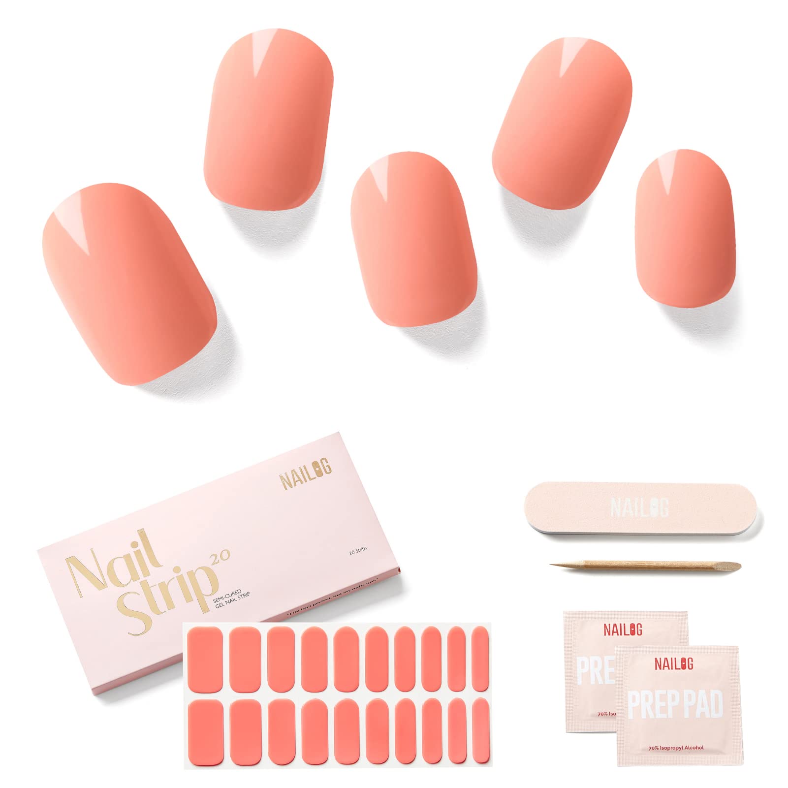 NAILOG Semi Cured Gel Nail Strips, Extra Long Nail Polish Strips (20 Pieces),UV/Led Lamps Nail Stickers with Soft Glossy Gel Finish,Coral — image 1