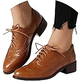 Lace-Up Wingtips Oxford Shoes for Women Cutout Brogues Saddle Shoes Vintage Low Block Heel Almond Toe Fall Winter Non-Slip Work Lightweight Classic Leather Retro Fashion Dressy Business Casual Shoes