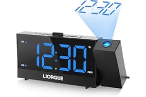 LIORQUE Projection Alarm Clock for Bedroom, Alarm Clock Radio with 180° Rotatable Projector, Large LED Display, Dual Alarm, Snooze, 12/24H, Infinite Brightness Adjustment, 2 USB Charging Ports