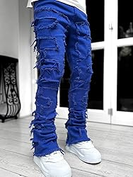 Kodaruber Mens Stacked Jeans Slim Fit Ripped Skinny