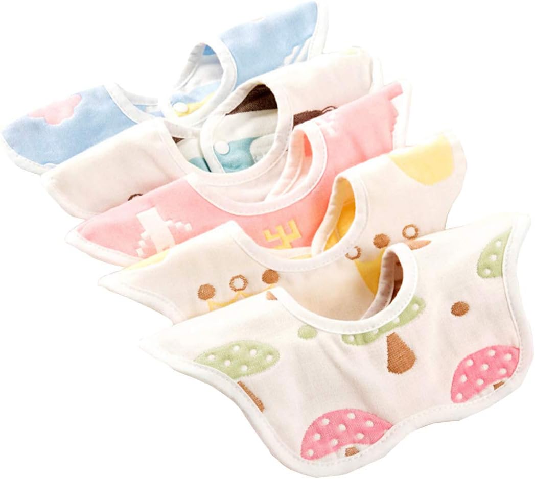 Ohequbao Baby Bib Saliva Towel,6 Layer Can 360°Rotate Petal Absorption Bandana Bibs Burp Cloths for Drooling And Teething 5 Pack