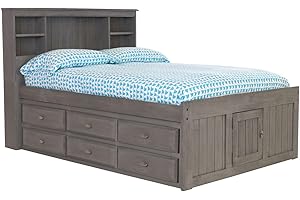 Discovery World Furniture Full Size Bookcase Captain Platform Bed | 6 Storage Drawers on ONE Side with Open Opposite Side with 21 3/8" Drawers (Charcoal Gray) | New Simple Assembly Connector Bracket