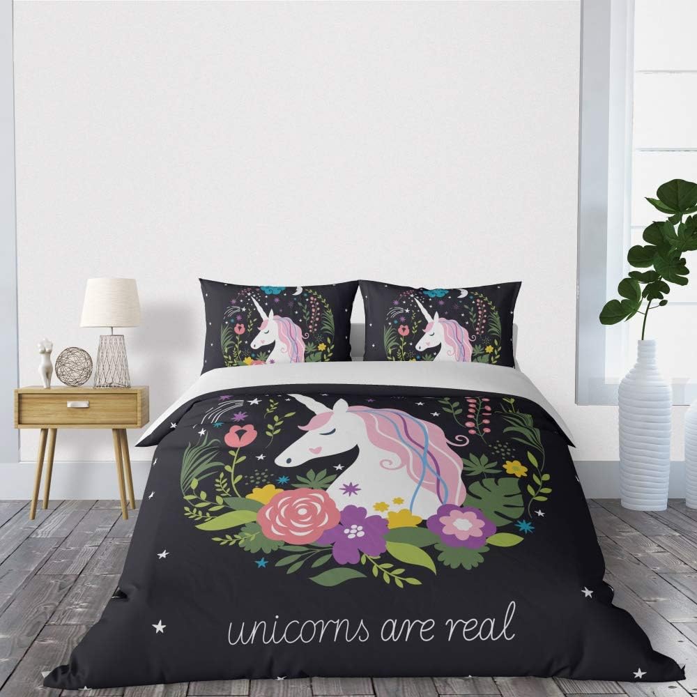 SHINICHISTAR Unicorn Bedding 3 Piece Microfiber Flower Girl Bedding Set Unicorn Duvet Cover Full Size for Kids Teens Girls