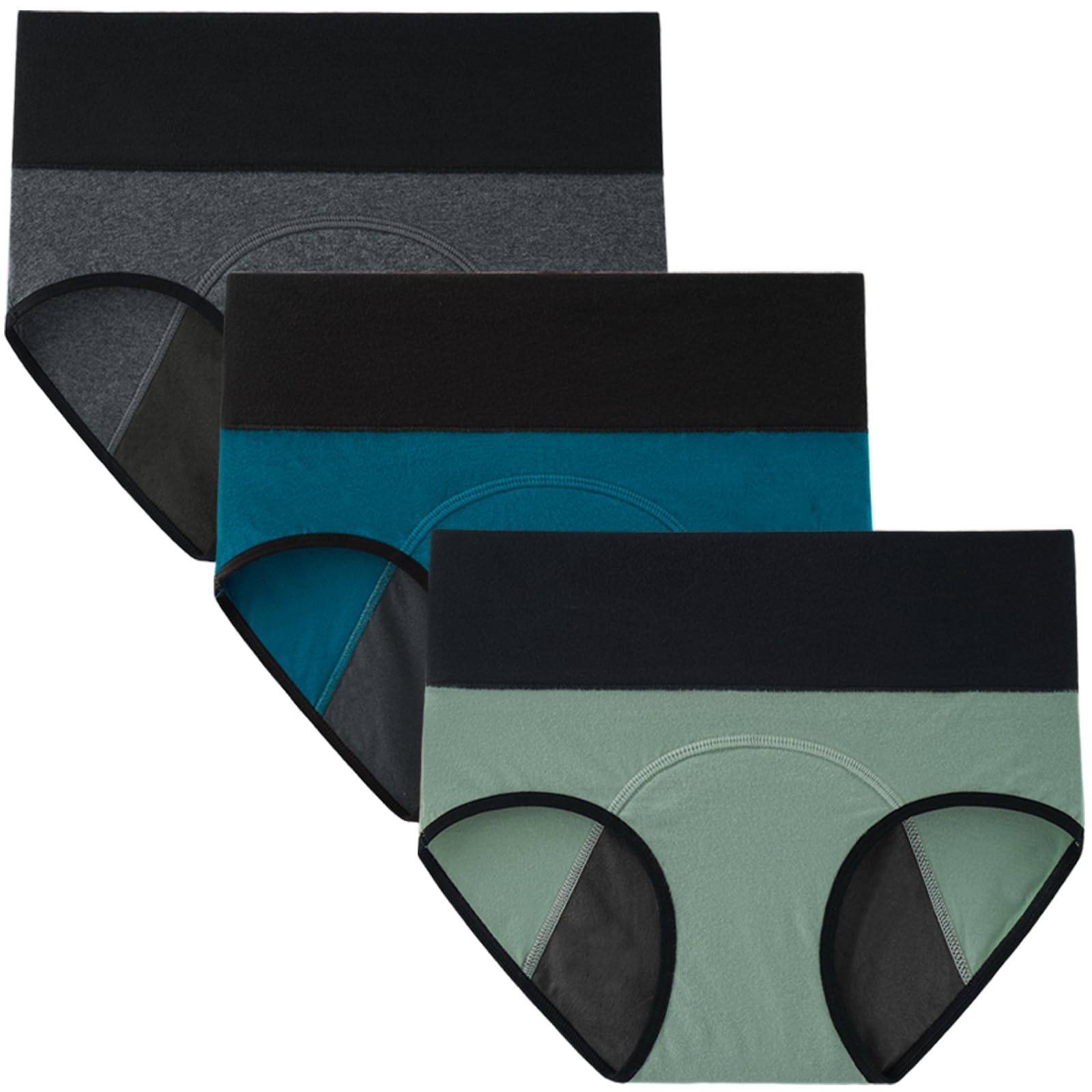 Photo 1 of INNERSY Womens High Waisted Period Underwear Menstrual Leakproof Cotton Panties 3 Pack(Medium, Lake Blue/Light Green/Heather Grey)