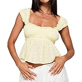 Women's Babydoll Tops Wide Strap Eyelet Crop Tank Top Flowy Ruffle Peplum Smocked Shirt Summer Casual Going Out Outfit