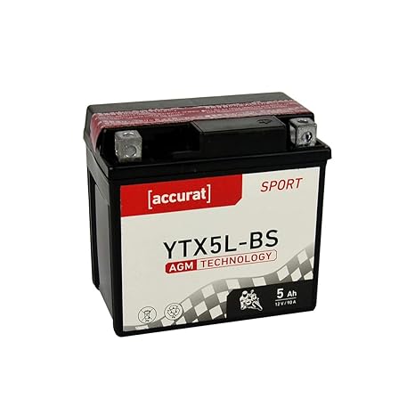 Accurat Motorradbatterie YTX5L-BS 5Ah 90A 12V AGM Roller Starterbatterie in Erstausrüsterqualität trocken vorgeladen inkl. Sä
