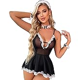 Mini Kitty Womens French Maid Costume Sexy Maid Lingerie with chocker Apron Fancy Dress Strap Nightwear Valentine