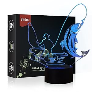 LED Night Light 3D Illusion Bedside Table Lamp 7 Colors Changing Sleeping Lighting with Smart Touch Button Cute Gift Warming Present Creative Decoration Ideal Art and Crafts (Fishing)
