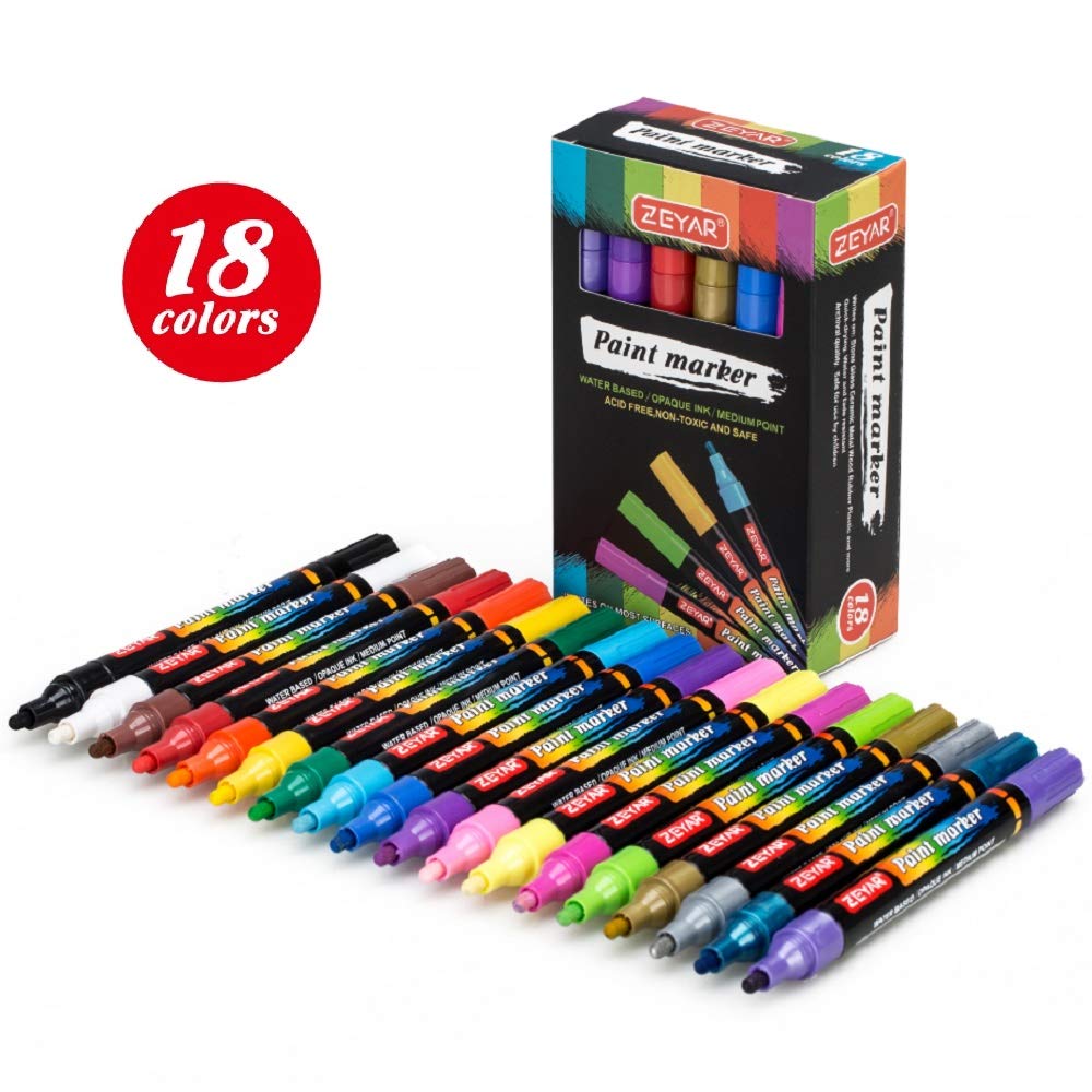 ZEYAR Acrylic Paint Pens For Rock Painting Water Based 18 Colors