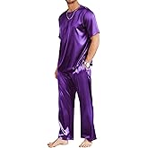 Ekouaer Mens Silk Satin Pajama Set Short Sleeve Sleepwear Silky Loungewear with Long Pants