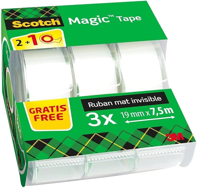 Fita adesiva invisível scotch magic - 2 rolos de 19mm x 7,5m + 1 grátis - fita adesiva de uso geral para reparo, etiquetagem e selagem de pacotes e documentos