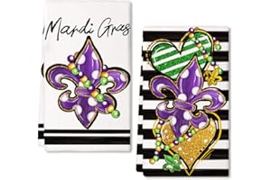 ARKENY Mardi Gras Kitchen Towels Set of 2,Purple Fleur De Lis White Polka dot Beads Dish Towels 18x26 Inch Drying Dishcloth,Farmhouse Home Mardi Gras Carnival Seasonal Holiday Decorations AD192