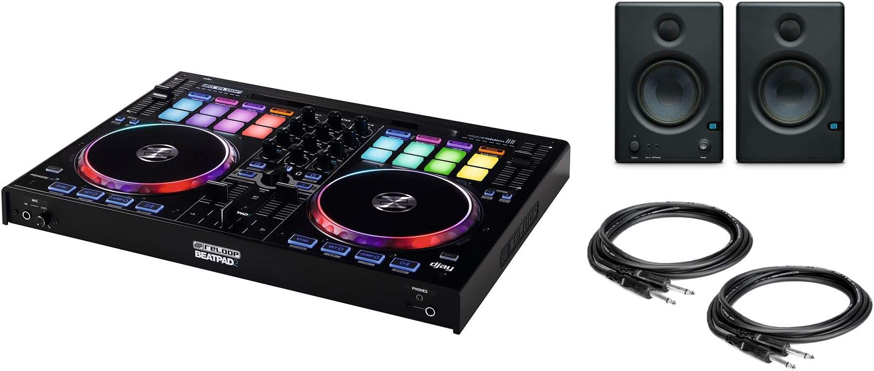 Reloop Beatpad 2 DJ MIDI Controller Bundle with PreSonus Eris E4.5 Studio Monitors & Cables (4 Items)