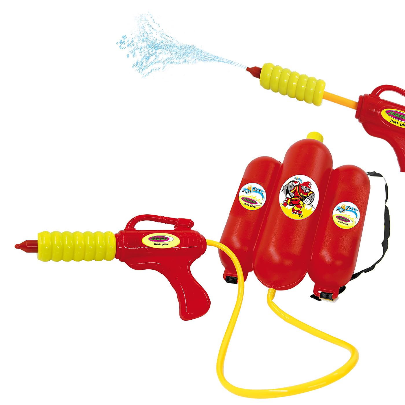 Jamara 460342 - Mc Fizz Water Gun with Tank Backpack 2, 5L – Water Spray Gun with Cool Fire Brigade Design, Spraying Function