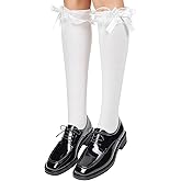 Xelsluthe White Lace Knee High Socks with Bow, Lace Ruffled Trim Cotton Knee High Socks for Women's Girls, Cute Soft Solid Cotton Stockings for Skirts Shorts Sneakers Dress Sock