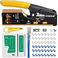 Rj45 Crimp Tool Pass Through Ethernet Crimping Tool kit for 8P-Cat7 Cat6 Cat5 6P Telephone Connector Network Crimp Tool RJ45 Crimper With Cable Tester Covers Connectors Mini Yellow Stripper