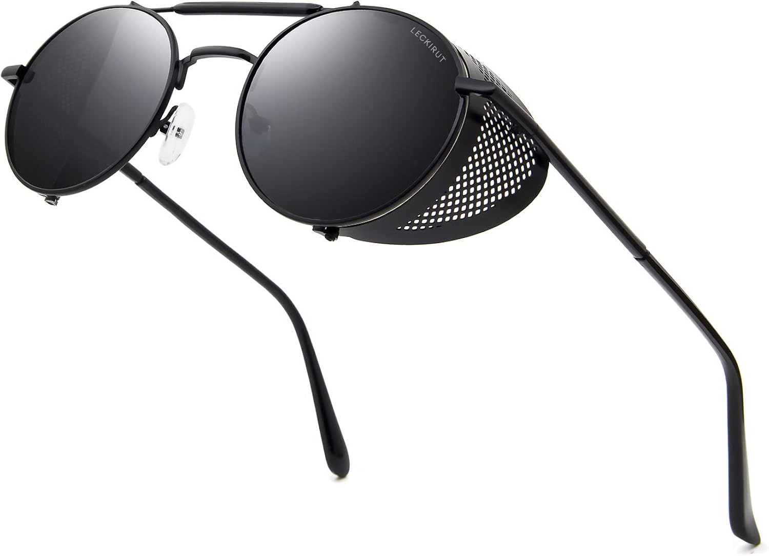 Leckirut Women Men Round Sunglasses Retro Vintage Steampunk Style Mirror Reflective Circle lens Black Frame Gray Lens: Clothing