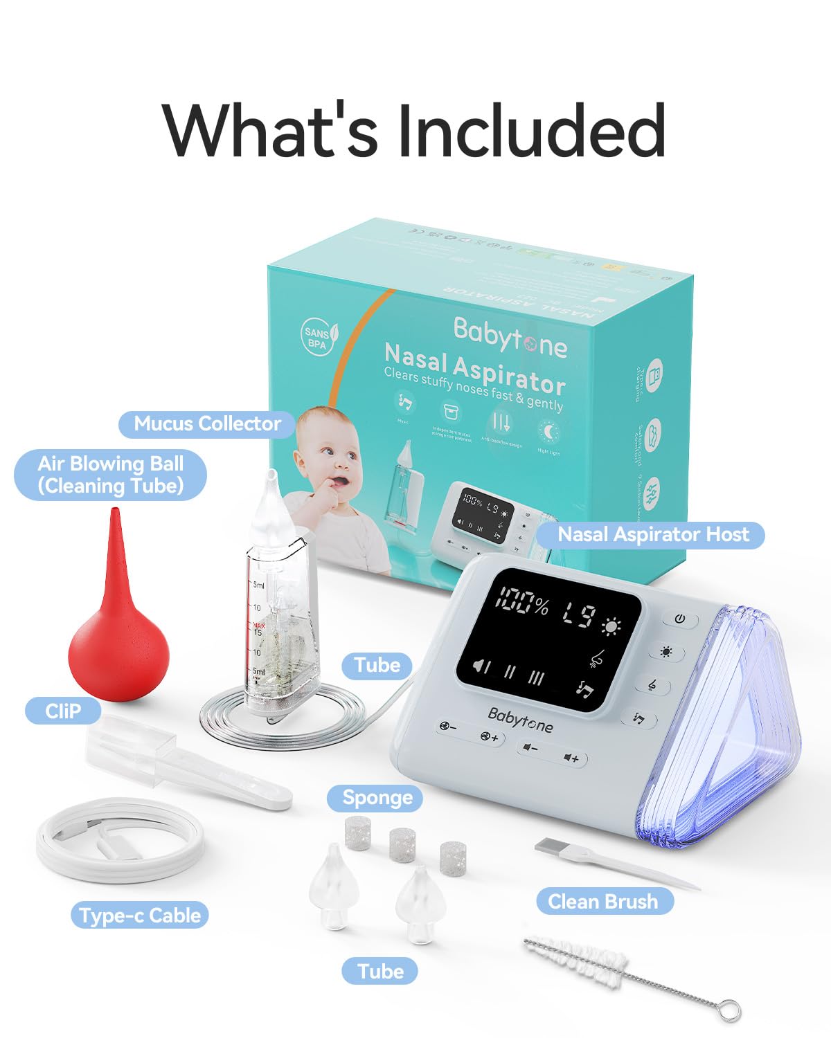 Babytone Baby Nasal Aspirator - Electric Nose Suction Hosptial-Grade, Booger Sucker for Babies,Toddler, Infant,Adult, Nose Cleaner with 3 Tips,9 Suction Levels,Music, Night Light, Integrated Storage
