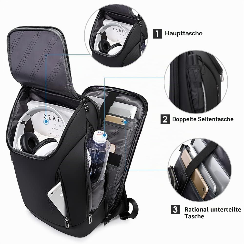 BANGE Business-Smart-Rucksack, wasserdicht, 39,6 cm (15,6 Zoll), Laptop-Rucksack mit USB-Ladeanschluss, langlebiger Reise-Rucksack schwarz,M 2