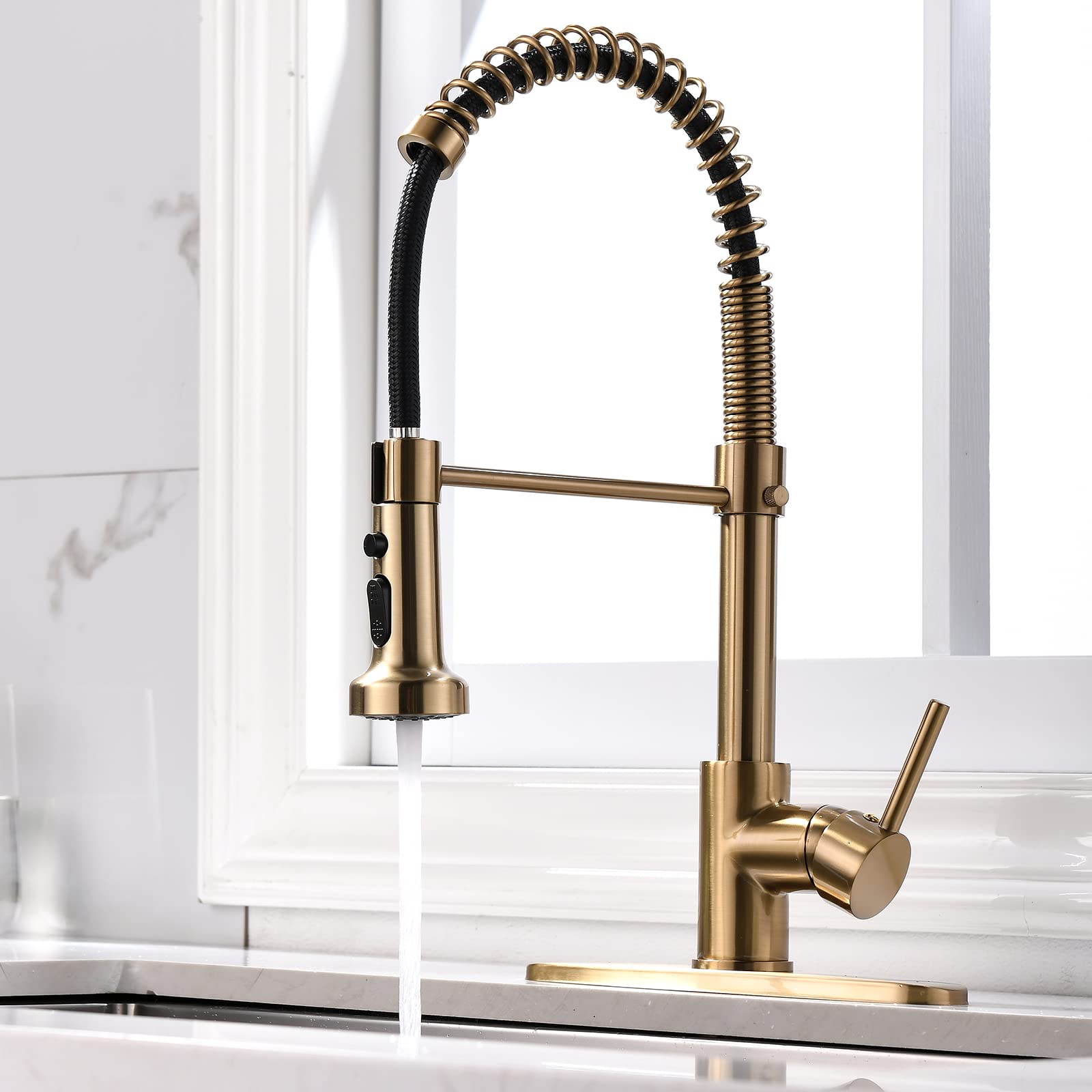 TIMACO Kitchen Tap Brushed Gold With 360° Rotatable Pull-Down Sprayer Mixer, Standard Single Handle Tap