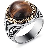 KIRTIJW Mens Natural Tigers Eye Stone Ring Stainless Steel Gemstone Signet Statement Rings Jewelry for Men Women Size 8/9/10/11/12/13