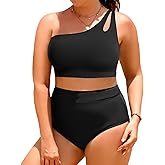 Tempt Me Plus Size High Waisted Bikini Set for Women Two Piece One Shoulder Swimsuit Keyhole Bathing Suits