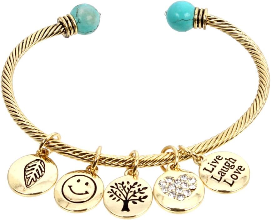 Antique Gold Tone Dangle Message Charm (Live,Laugh,Love,Tree of Life) Metal Cable Cuff Bracelet