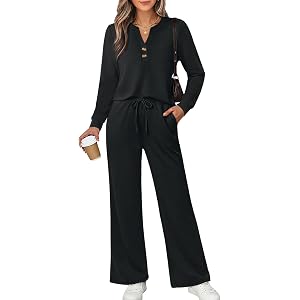 WIHOLL Two Piece Lounge Sets for Women Fall Travel Airport Vacation Outfits | Long Sleeve Wide Leg Pants XS-2XL