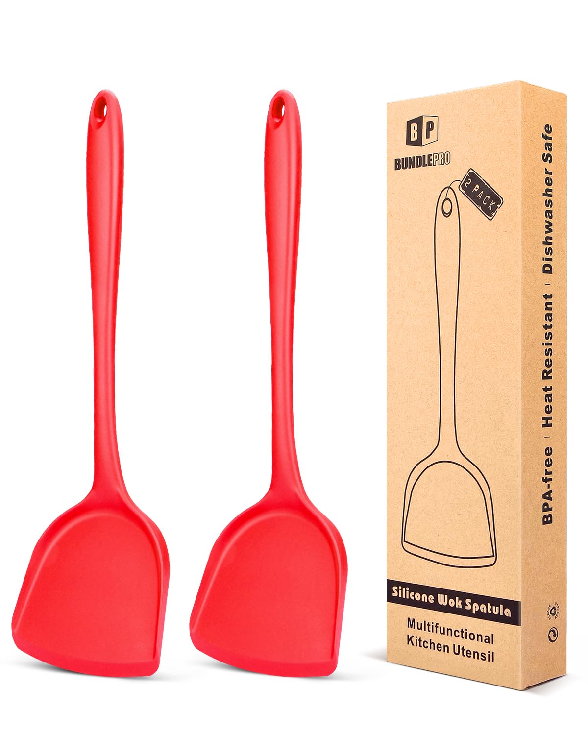 Pack of 2 Silicone Wok Spatula, Non-Stick, Heat, Stain and Odor Resistant, Easy to Clean and Dishwasher Safe, Seamless Kitchen Utensil for Cooking, Baking, Stir-Fry (Red)