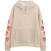 KEEVICI Women's Cute Sweatshirt Strawberry Sleeve Printed Cotton Warm Hoodie with Pocket