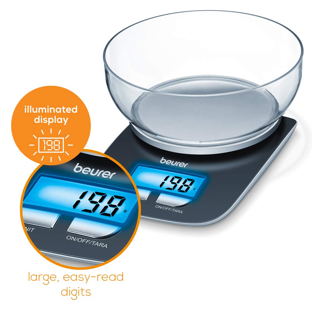 Beurer KS25 Digital Kitchen Scale | with 1.2l Weighing Bowl | Tare Weighing Function | Adjustable Between kg, g, lb, oz | 3kg Weight Capacity