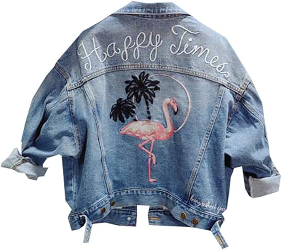Amazon ユケ二ー レディース デニムジャケット ファッション ゆったり 着痩せ ショート丈 フラミンゴの刺繍 人気 ユニークなデザイン アウター コート ジャケット 通販