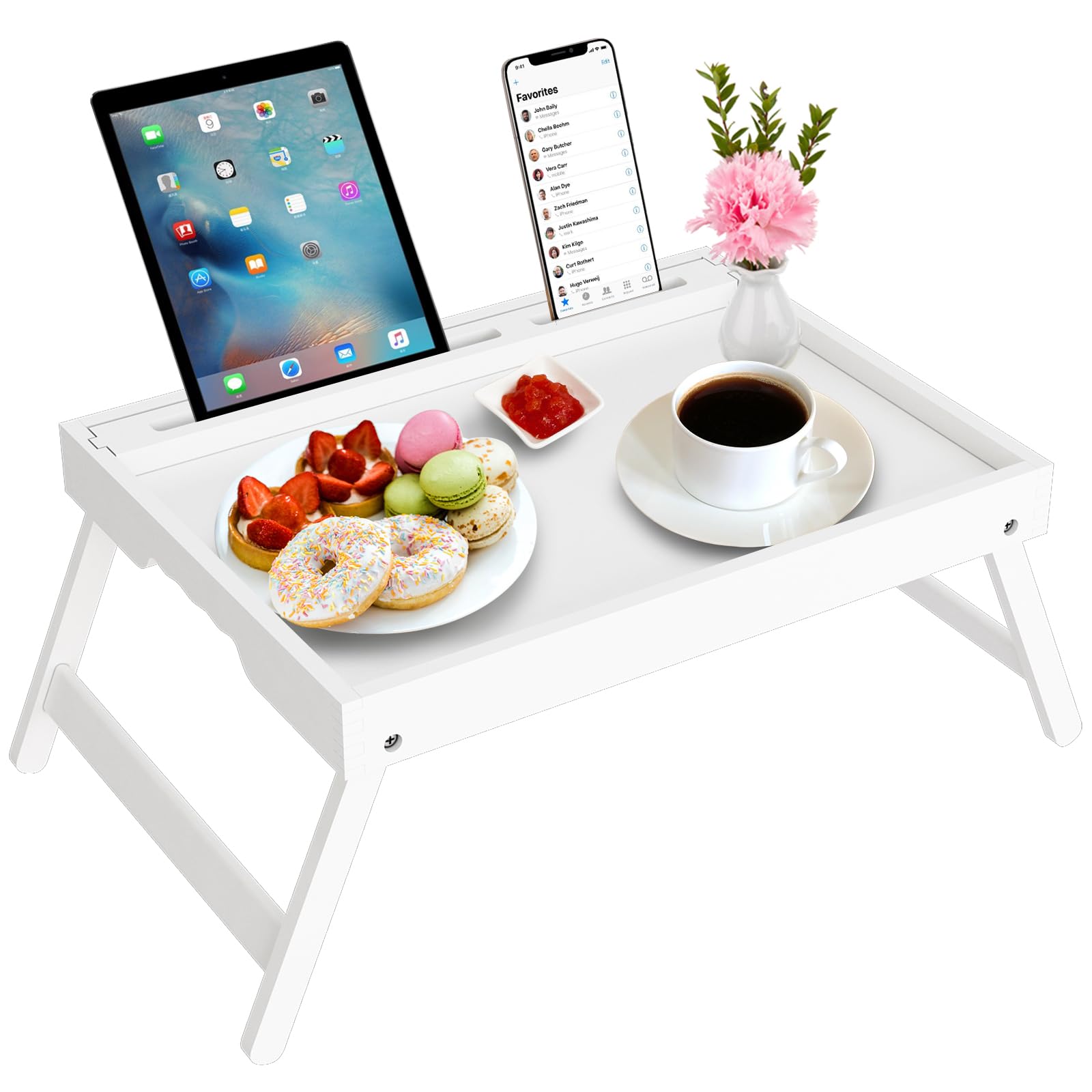 Bamboo Bed Tray with Folding Legs, Media Slot, Foldable Platter, Laptop Desk, Snack & TV Tray (White)