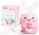 DYCROL Kids U Shaped Electric Toothbrush with 4 Brush Heads, Sonic Toothbrush Kids with 5 Modes, Cartoon Dinosaur 360-Degree Cleaning IPX7 Waterproof Design (2-6 Age (Pink))