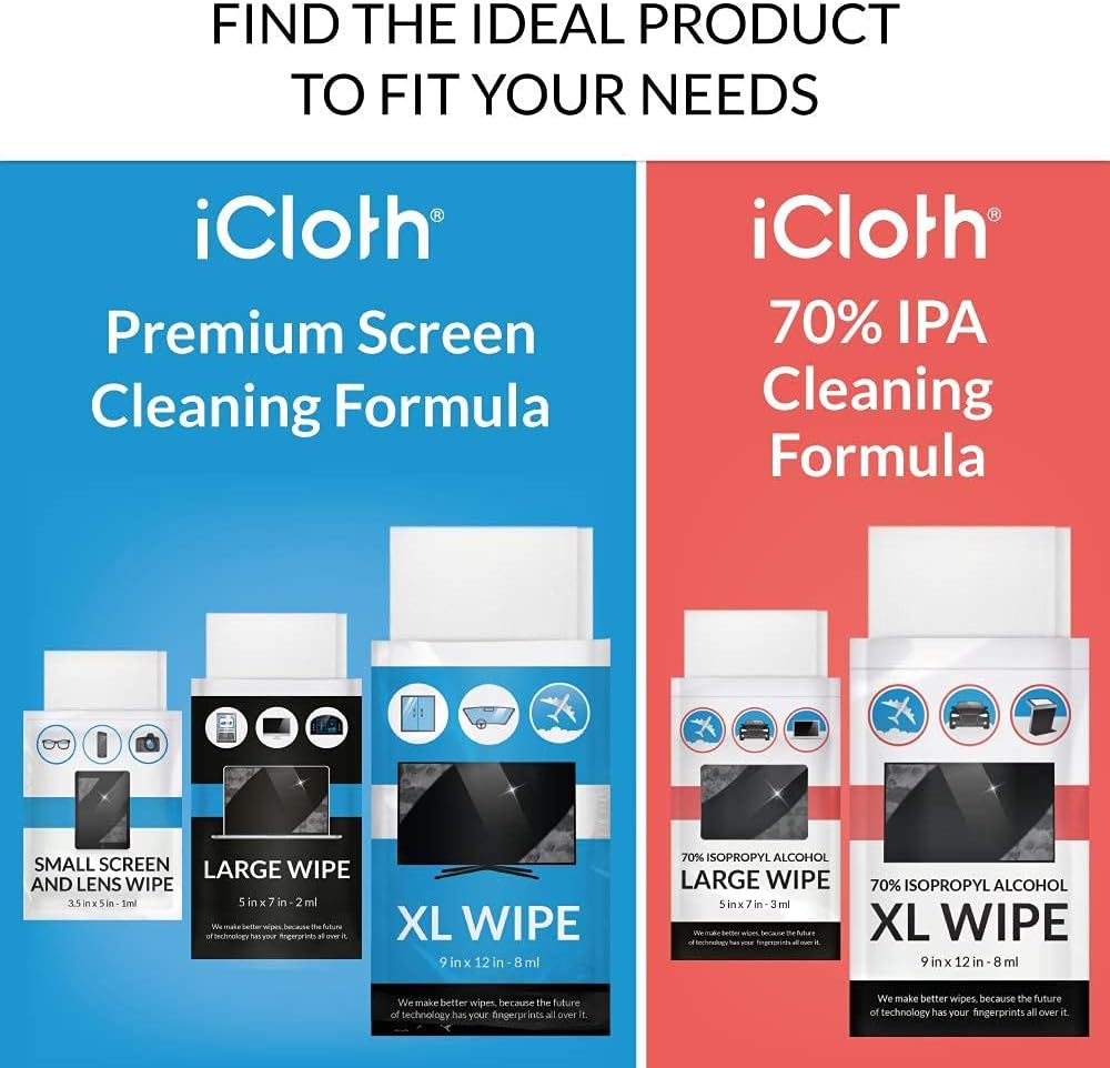 iCloth Large Lens and Screen Cleaner Pro-Grade Individually Wrapped Wet Wipes, 1 Wipe Cleans a LCD Monitor, Laptop, or Flat Screen HDTV, Box of 24: Electronics