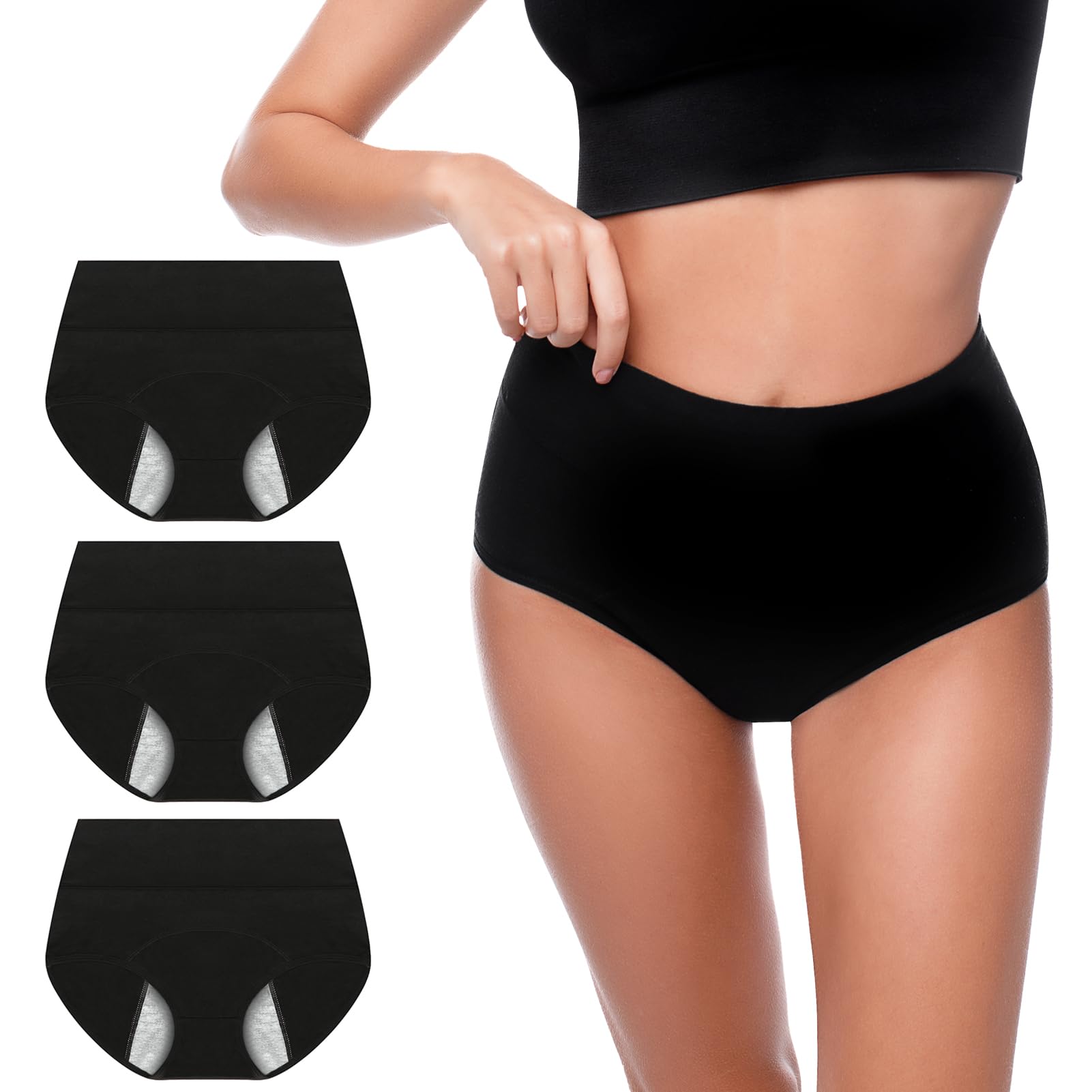 Photo 1 of Walifrey Period Underwear for Women, High Waisted Panties Leakproof Postpartum Cotton Briefs 3 Pack Black S