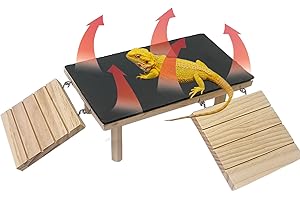 GXSDJ Wooden Bearded Dragon Basking Platform with Heat Storage Slate Stone, Reptile Basking Platform with Climbing Ramp, Bearded Dragon Hideout for Geckos, Snakes, Leopard, Lizards, Turtles (Medium)