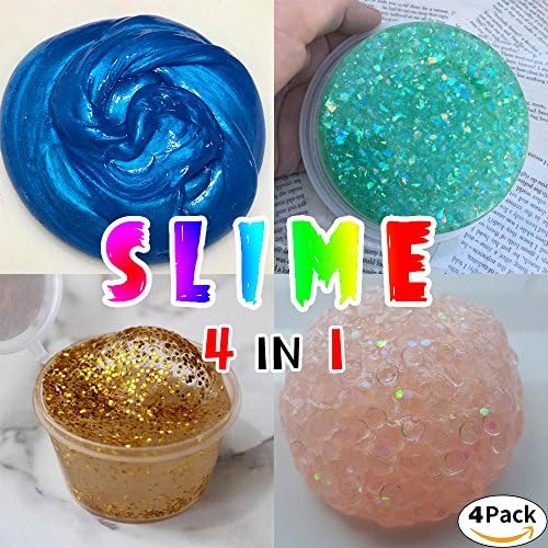 Eswutt Super Slime Kit - 4 Styles Slime（2.5 oz each,total 10oz） with Colorful Foam Balls, Gold sand Decoration, Pearl Decoration, Golden sand Glitter Shake Jars for DIY Slime