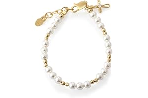 Cherished Moments Children's 14K Gold-plated Bracelet and/or Necklace with High-End Simulated Pearls and Cross Charm for Baptism, Christening or First Communion Gift for Girls