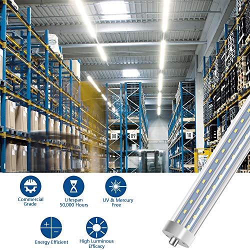 LED Light Tube 8FT, T8 T10 T12 LED Tubes, 72W Single Pin FA8 Base 270 Degree V Shaped LED Chip Bulbs, Dual-End Powered, Ballast Bypass, Fluorescent Replacement, 6500K|7200Lumens, Clear - 4 Pack